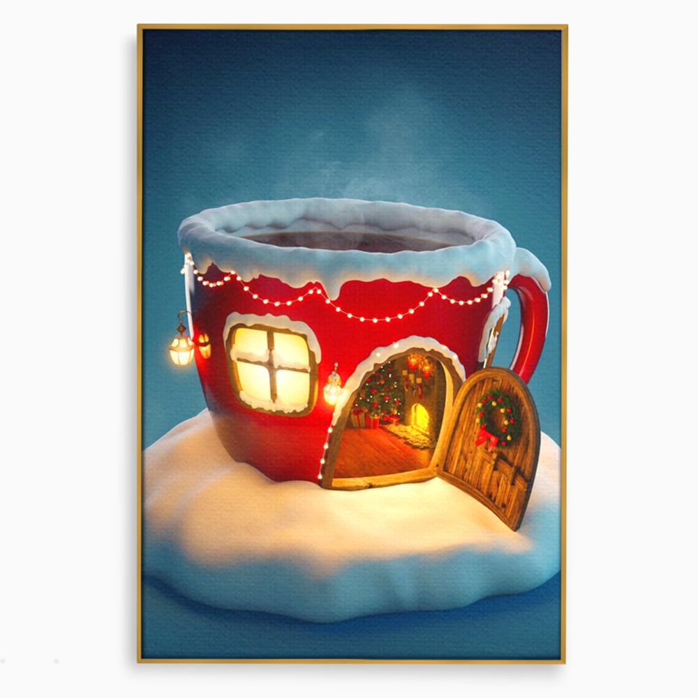Tablou canvas cu ilustratie cana rosie cu casa de craciun, in rama de aluminiu auriu